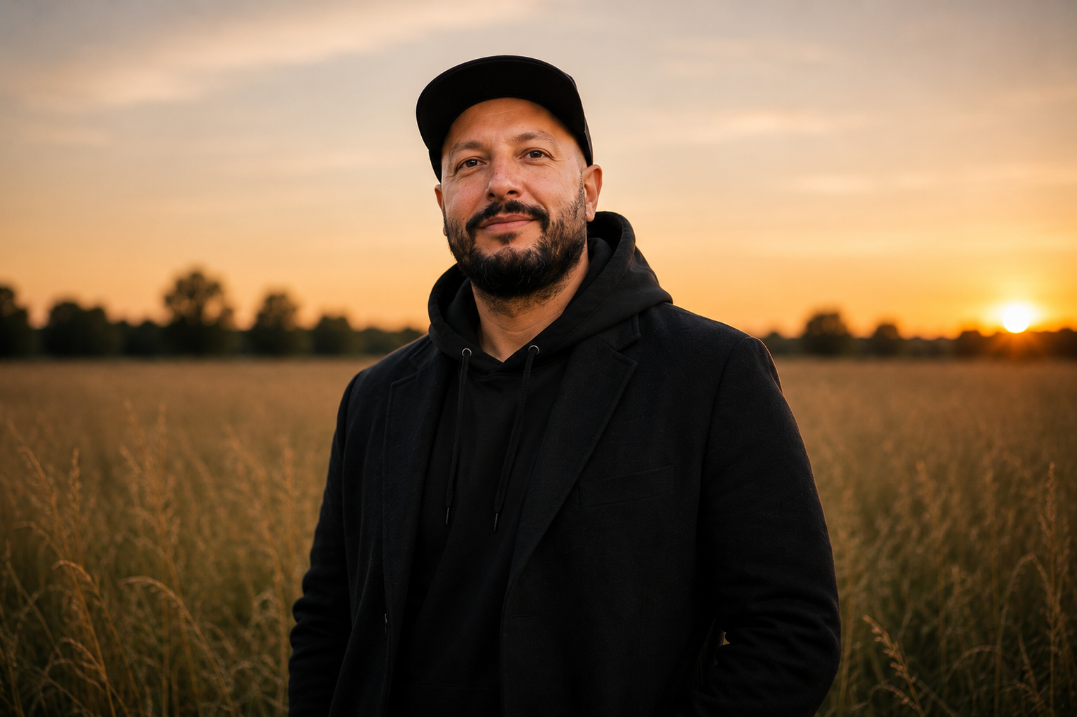 Mark Chohra in a black cap and coat, standing in a field at sunset
